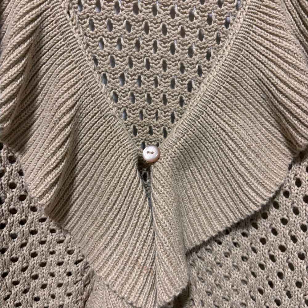 Vtg Pointelle Knit Cardigan XL Tan Ruffle Bell Sleeve Coquette Coastal Boho Doll - Picture 7 of 16
